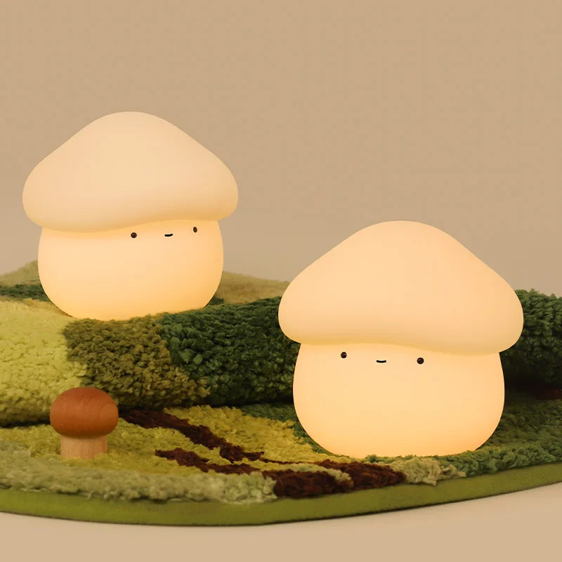 Fantastic Fungi - mushroom-shaped lamps on a textured green surface with a plain background