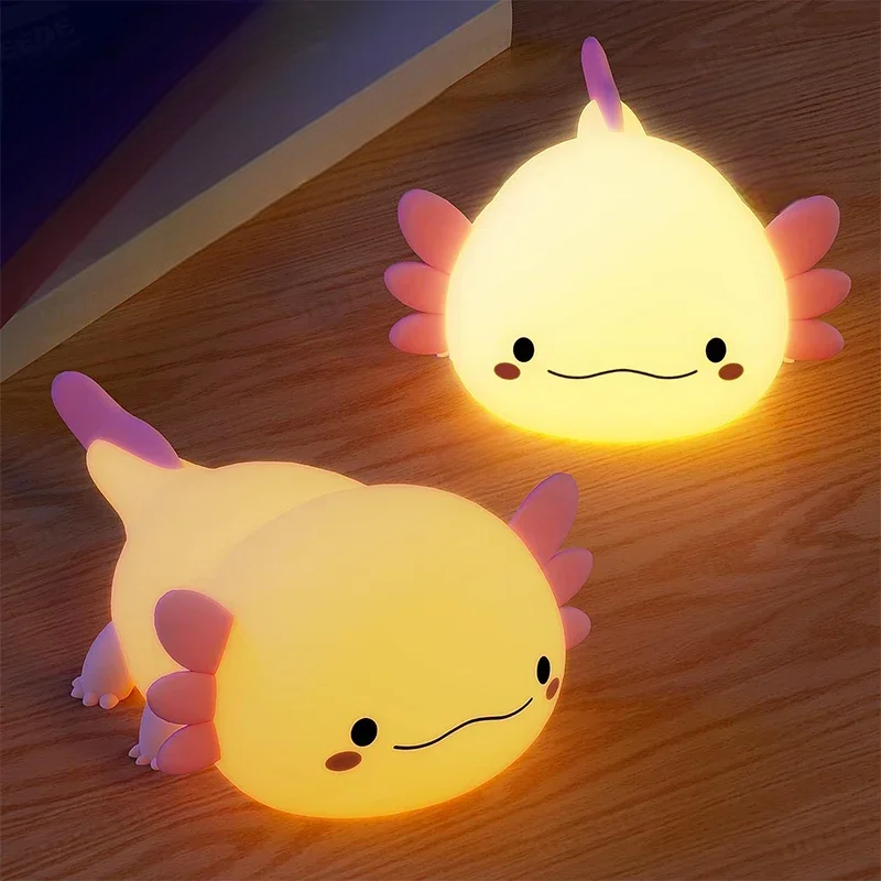 Two Axolotl Glowing LED Lamps on a Wood Table