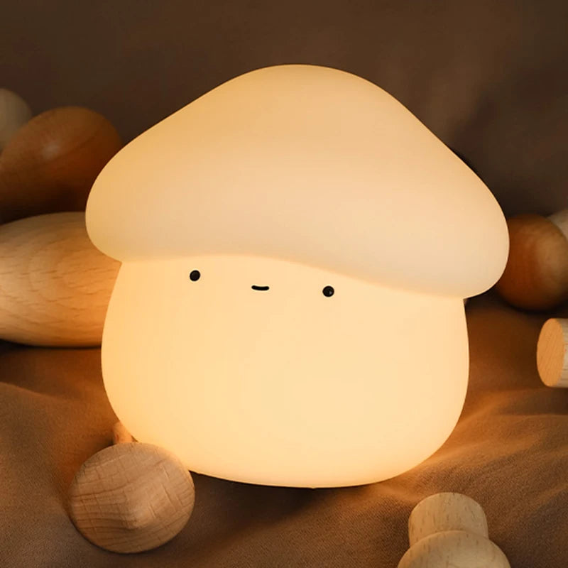 Fantastic Fungi-shaped night light with a soft glow on a wooden surface