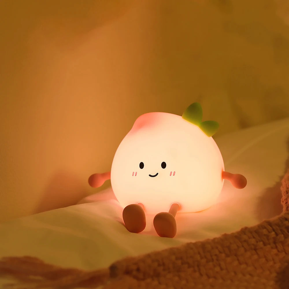 Cute, glowing Fuzzy Puffy Peach Plum light on a soft surface with a warm background
