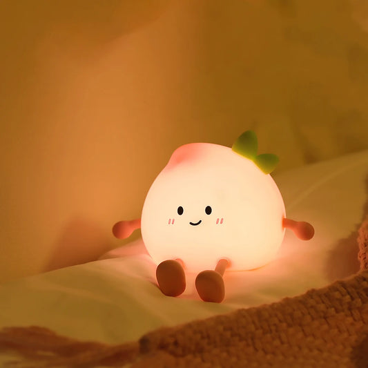 Cute, glowing Fuzzy Puffy Peach Plum light on a soft surface with a warm background