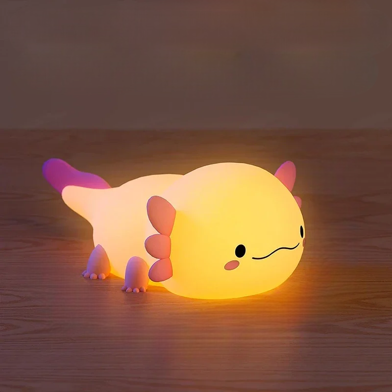 Axolotl LED Lamp Glowing on a Wood Counter 